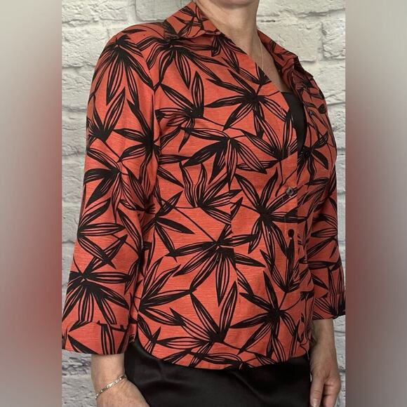 Silk Land Orange and Black Leaf Print Button-Up Shirt - Picture 2 of 8